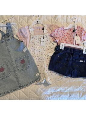 7 For All Mankind Girls 4T Denim Lot: Overall Dress, Floral Romper, Shorts, Tops